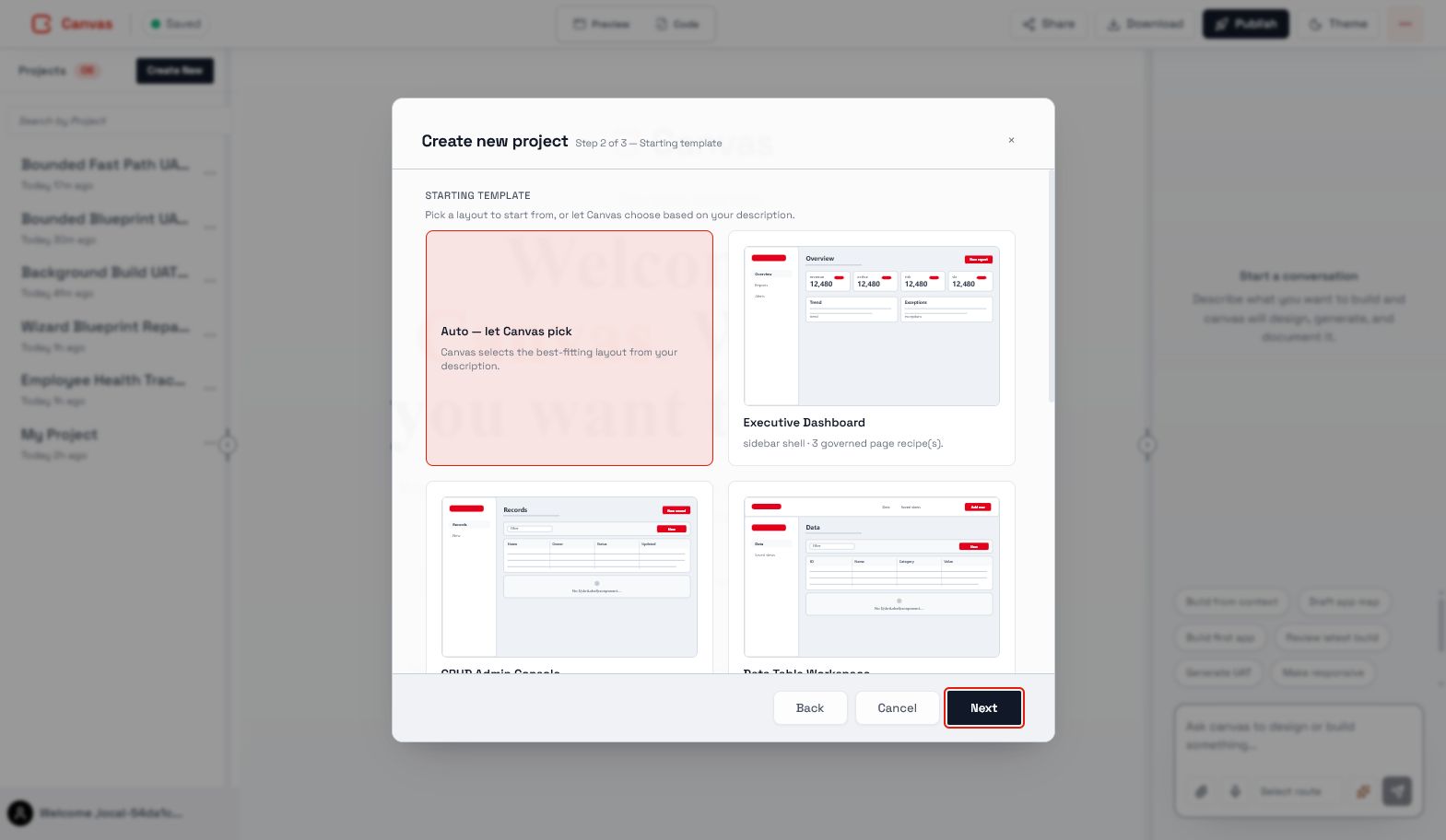 Canvas project creation with enterprise starting templates